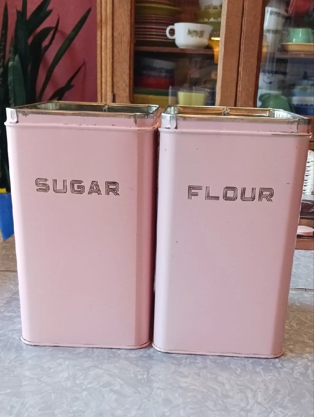 Vintage~ Pink & Copper Kitchen Canister Set - Sugar, Flour, Coffee, Tea